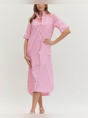 entro Pink and White Vertical-Strip Shirt Dress